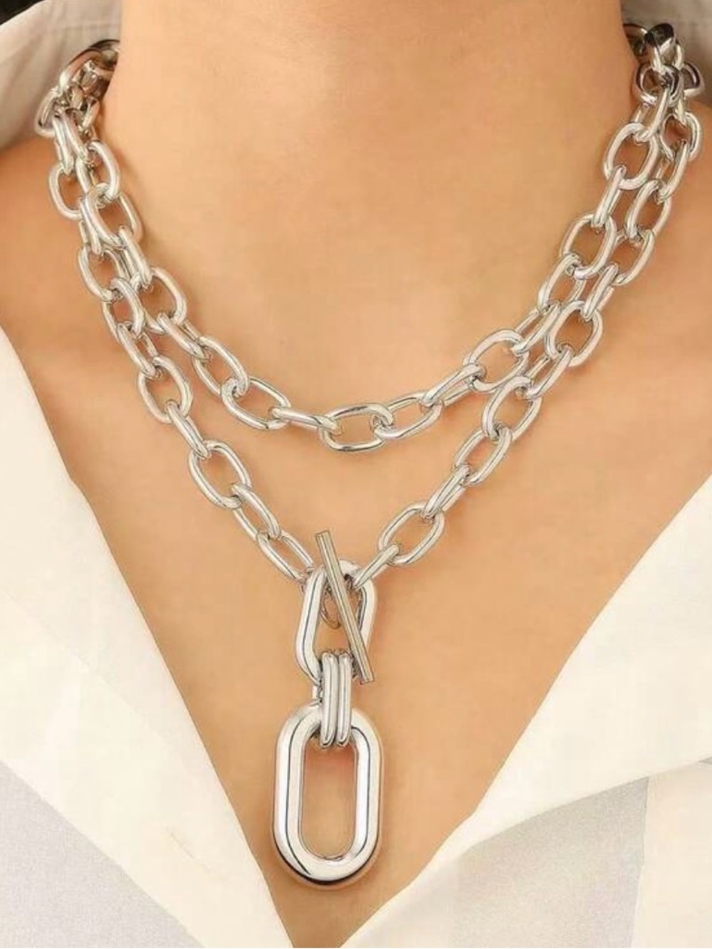 Silver Double-Layer Chain Link Toggle Necklace